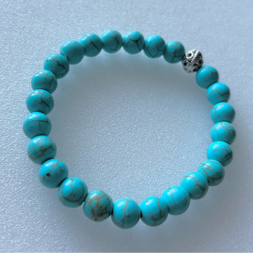 Dyed Howlite Stretch Bead Bracelet with Silvertone Accent Ornate Bead